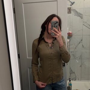 100% COTTON OLIVE/TAN BUTTON UP